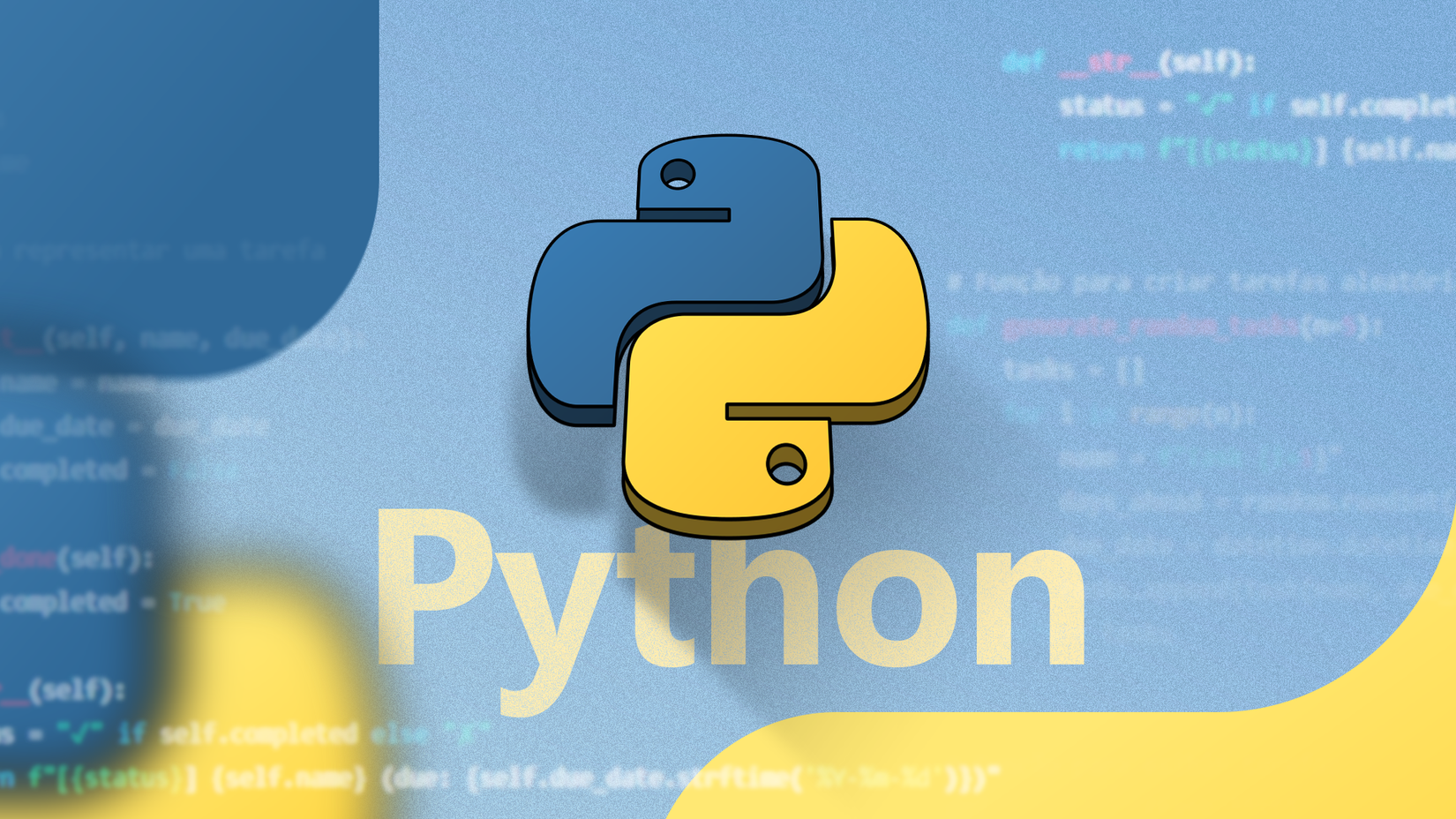 Logotipo do Python sobre fundo desfocado do código Python, com a palavra 'Python' escrita em amarelo embaixo.