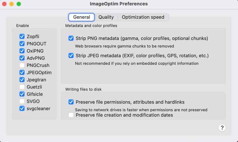 ImageOptim settings on a Mac.