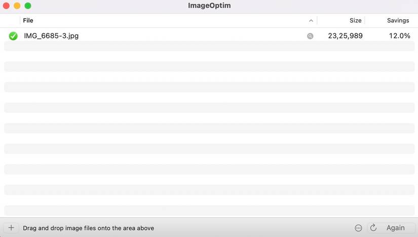 ImageOptim showing the savings percentage for a file after removing EXIF and optimizing it.