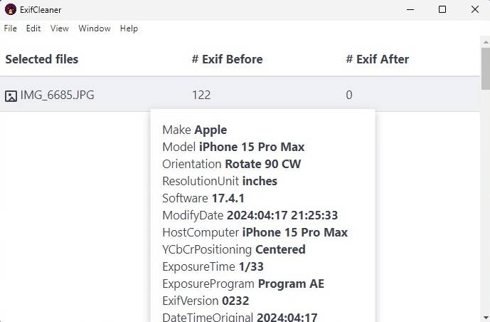 Seeing metadata for an image by hovering over the number in the Exif Before column in ExifCleaner.