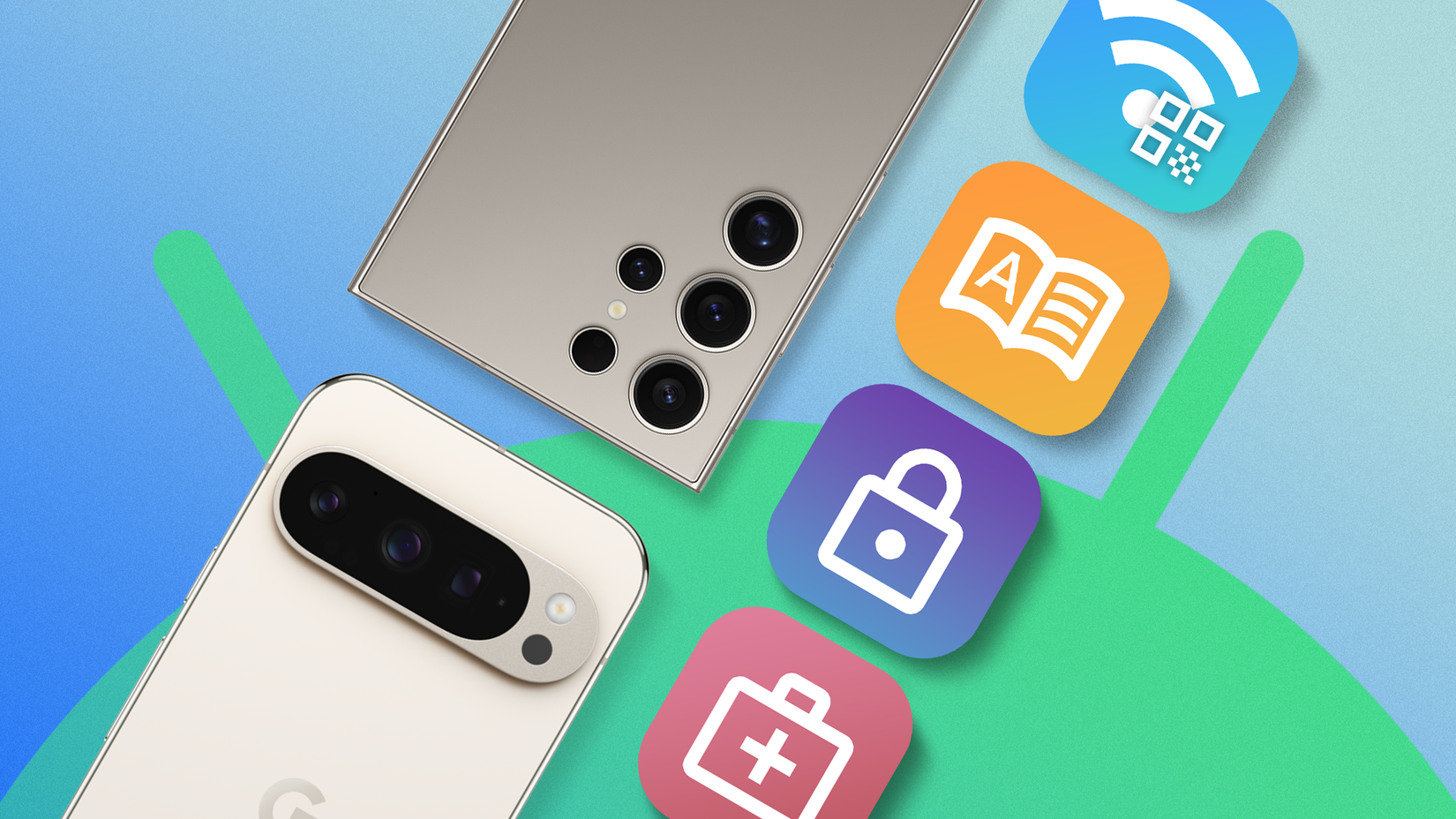 Samsung and Google smartphones over a blue and green Android-themed background, with some icons beside.