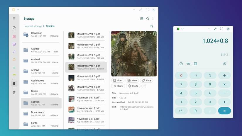 Samsung My Files and the Calculator app in Samsung DeX.