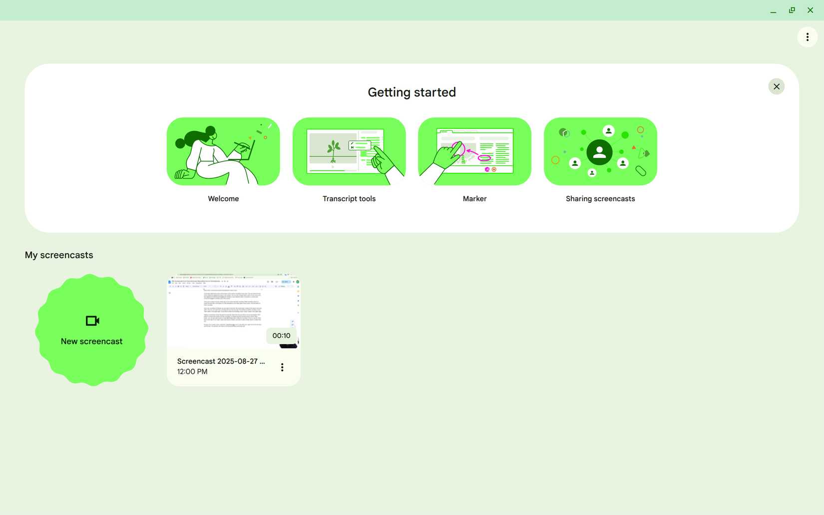 The home page of the Screencast Chromebook app.