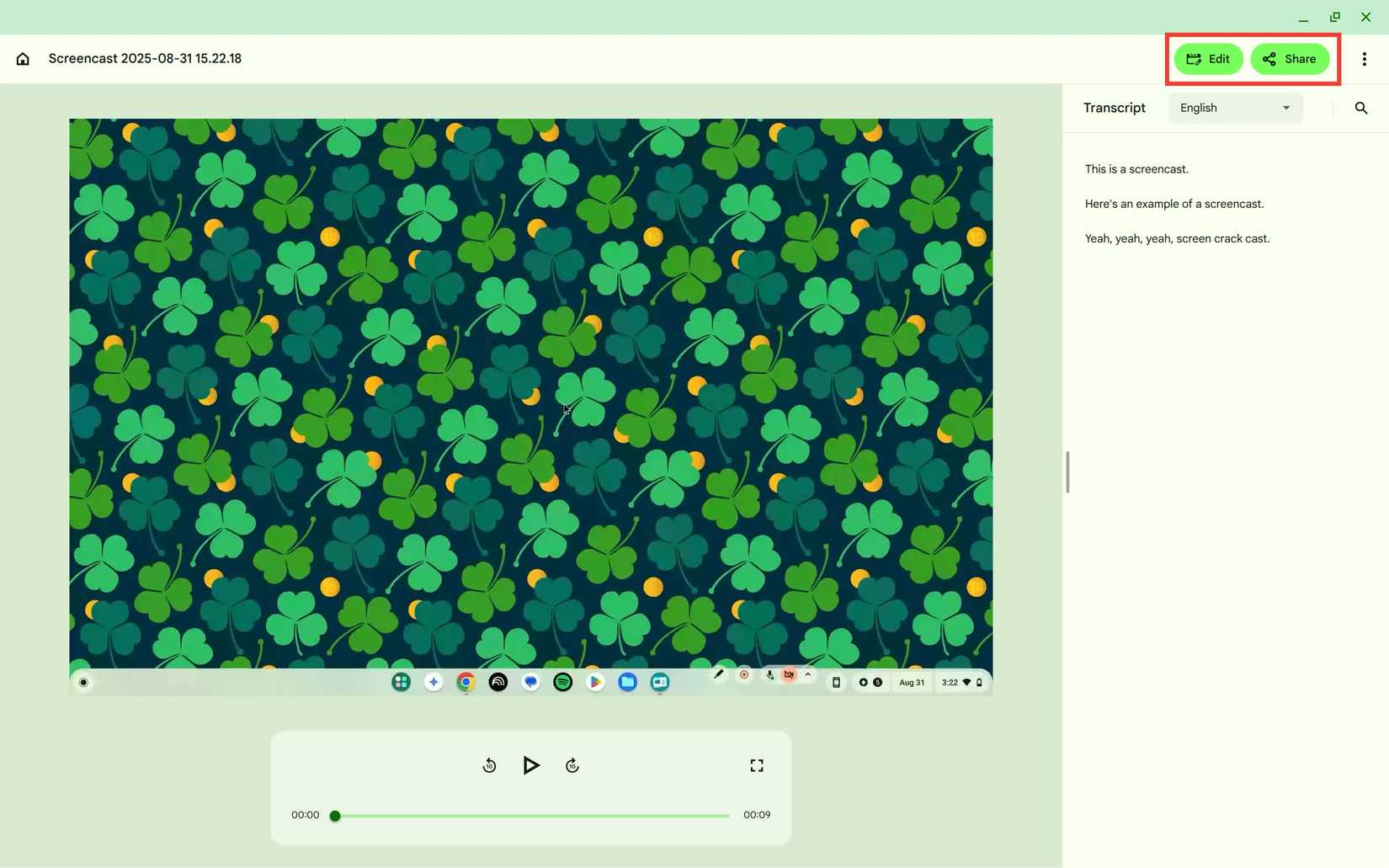 Highlighting the "Edit" and "Share" buttons when editing a recording the Screencast app on a Chromebook.