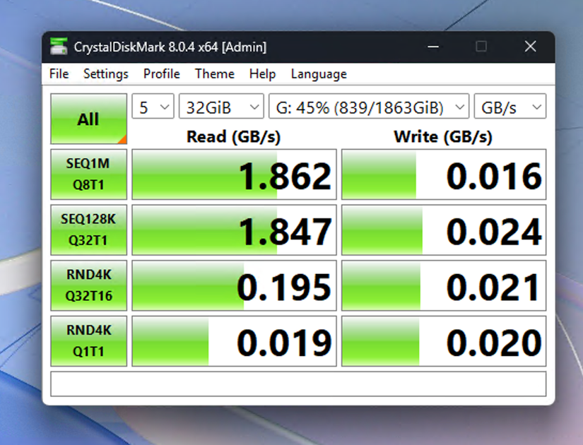 CrystalDiskMark benchmark results showing the Crucial X10 portable SSD hitting 1.862GB/s read speeds with 32GB test files.