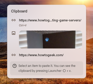 Advanced clipboard history on ChromeOS showing two links and an image in the clipboard history.