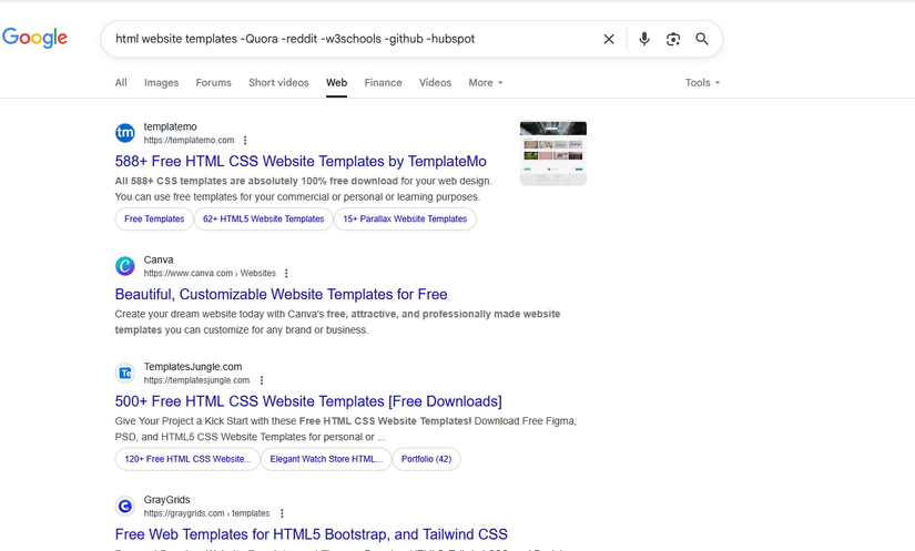 Removendo os termos dos resultados da pesquisa usando o operador menos.