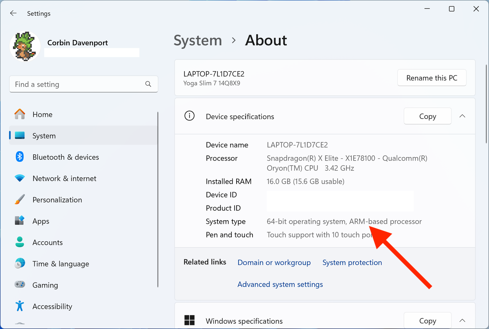 ARM-based processor label in Windows settings
