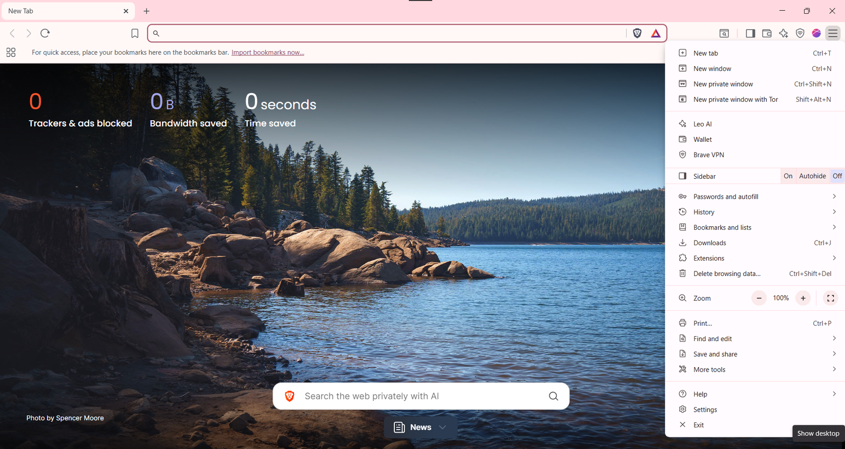 Captura de tela de uma nova janela corajosa com o menu de hambúrguer aberto