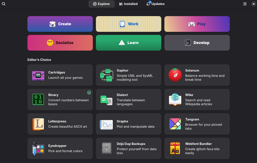 Screenshot of GNOME software showing main screen with flatpak apps available to install.