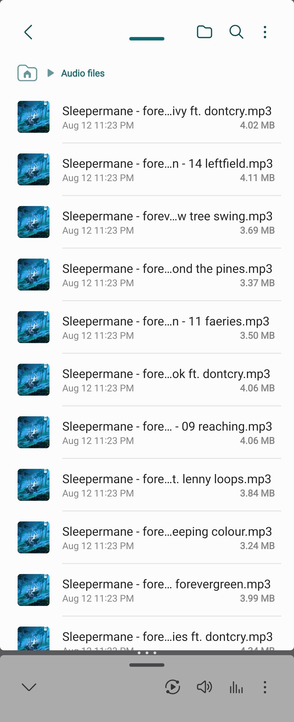 MP3 files in Samsung My Files in a 90:10 split view.