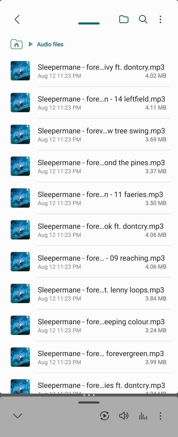 MP3 files in Samsung My Files in a 90:10 split view.