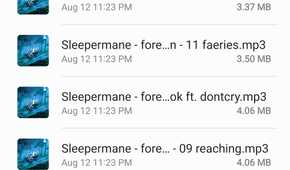 MP3 files in Samsung My Files in a 90:10 split view.