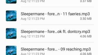 MP3 files in Samsung My Files in a 90:10 split view.