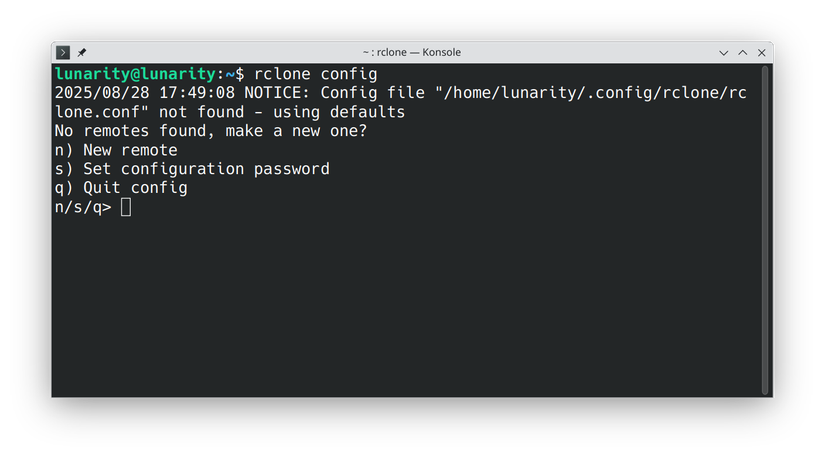 Running the rclone configuration for the first time. 