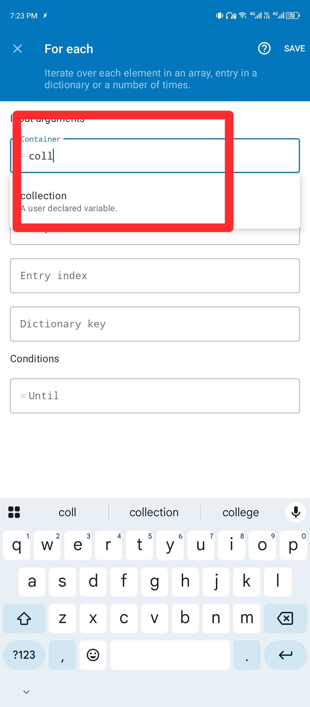 Selecting the collections variable as the input for the loop.