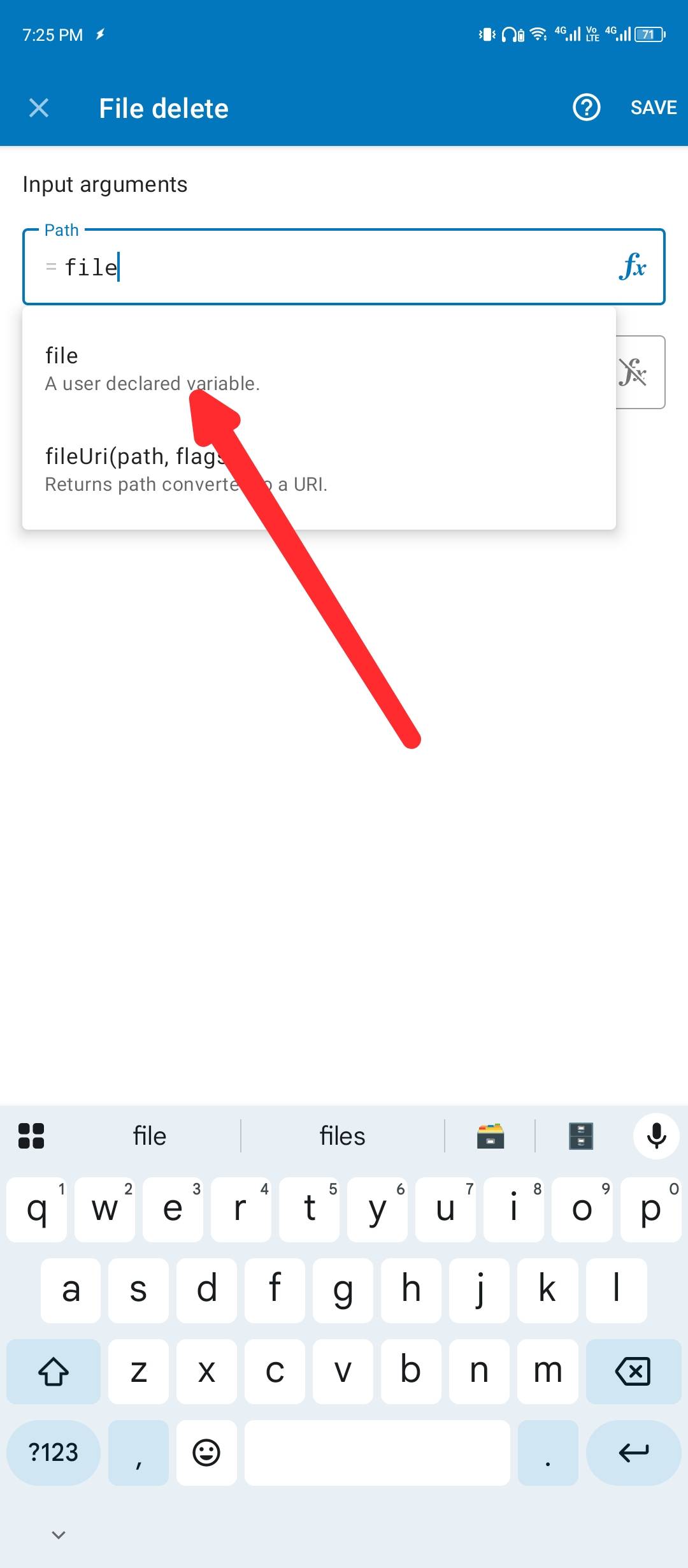 Selecting the For Each output variable as the input for the Delete File block.