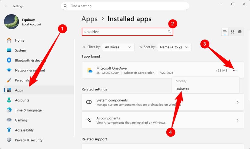 Search for OneDrive in the Settings app, then hit the "Uninstall" button. 