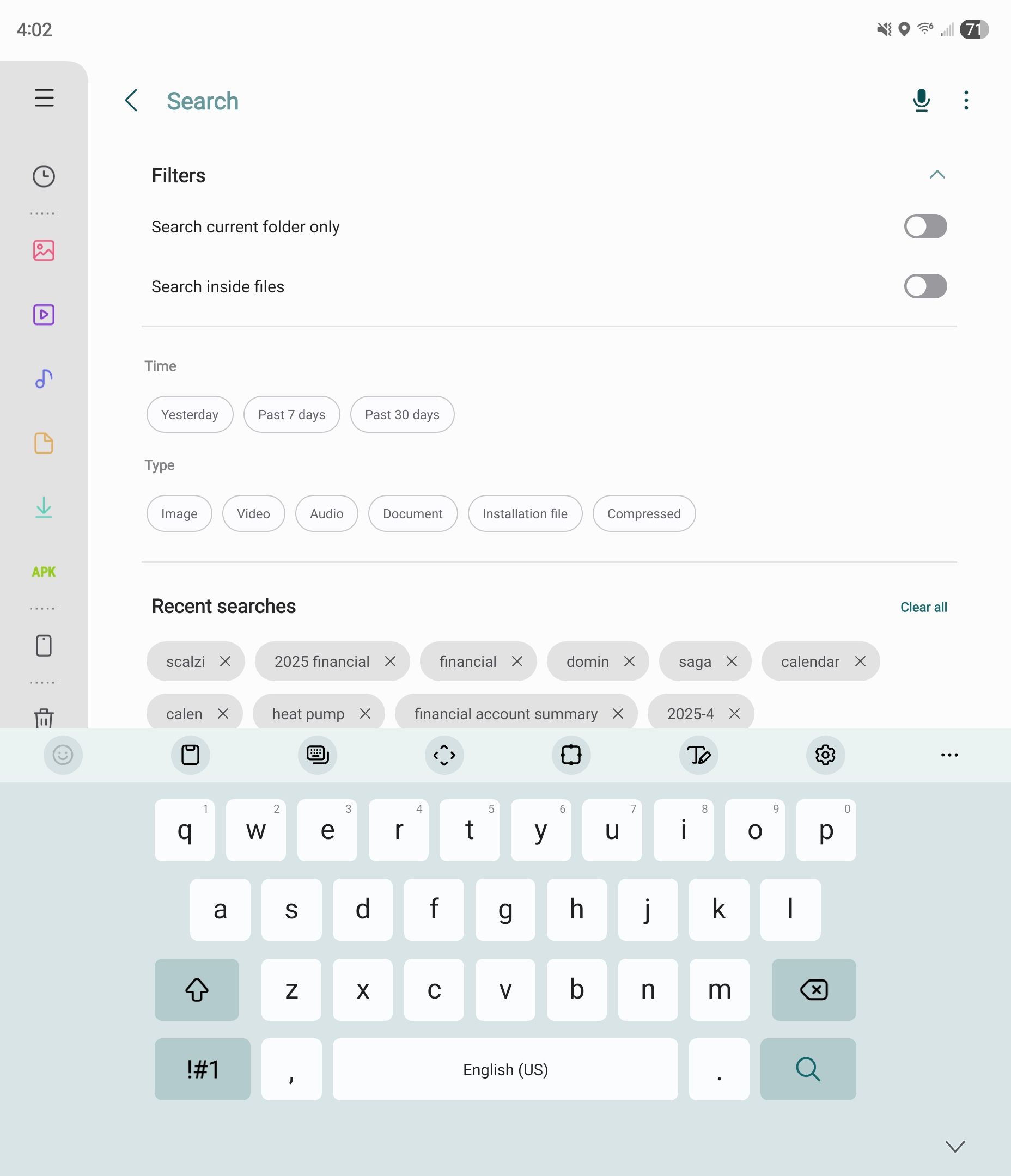 Search filters within Samsung My Files