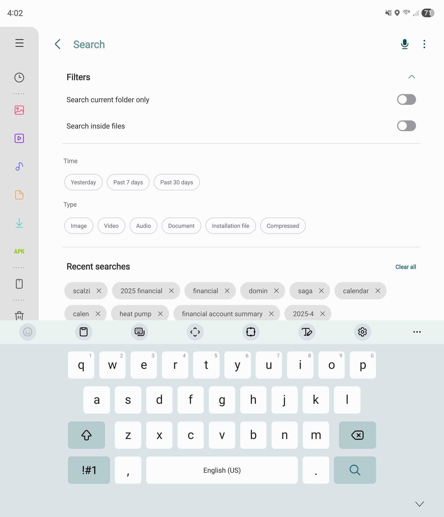 Search filters within Samsung My Files