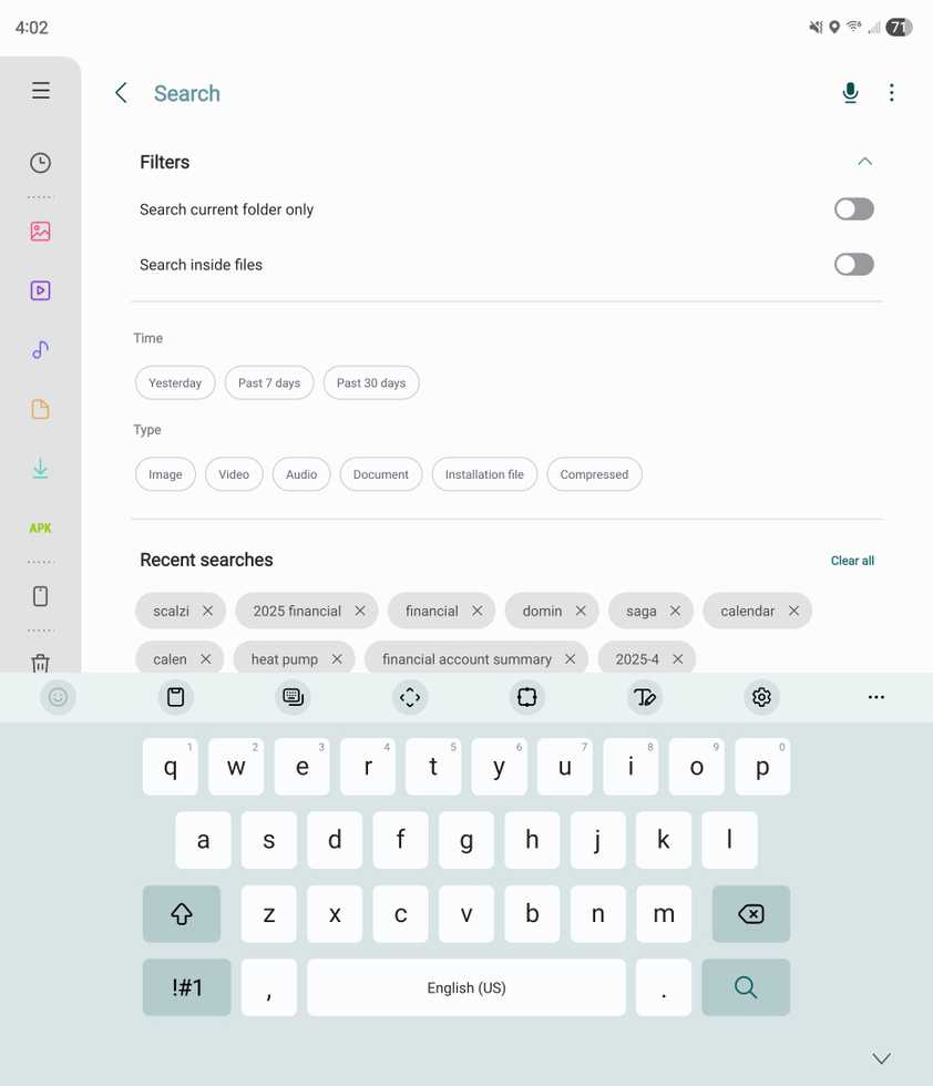 Search filters within Samsung My Files