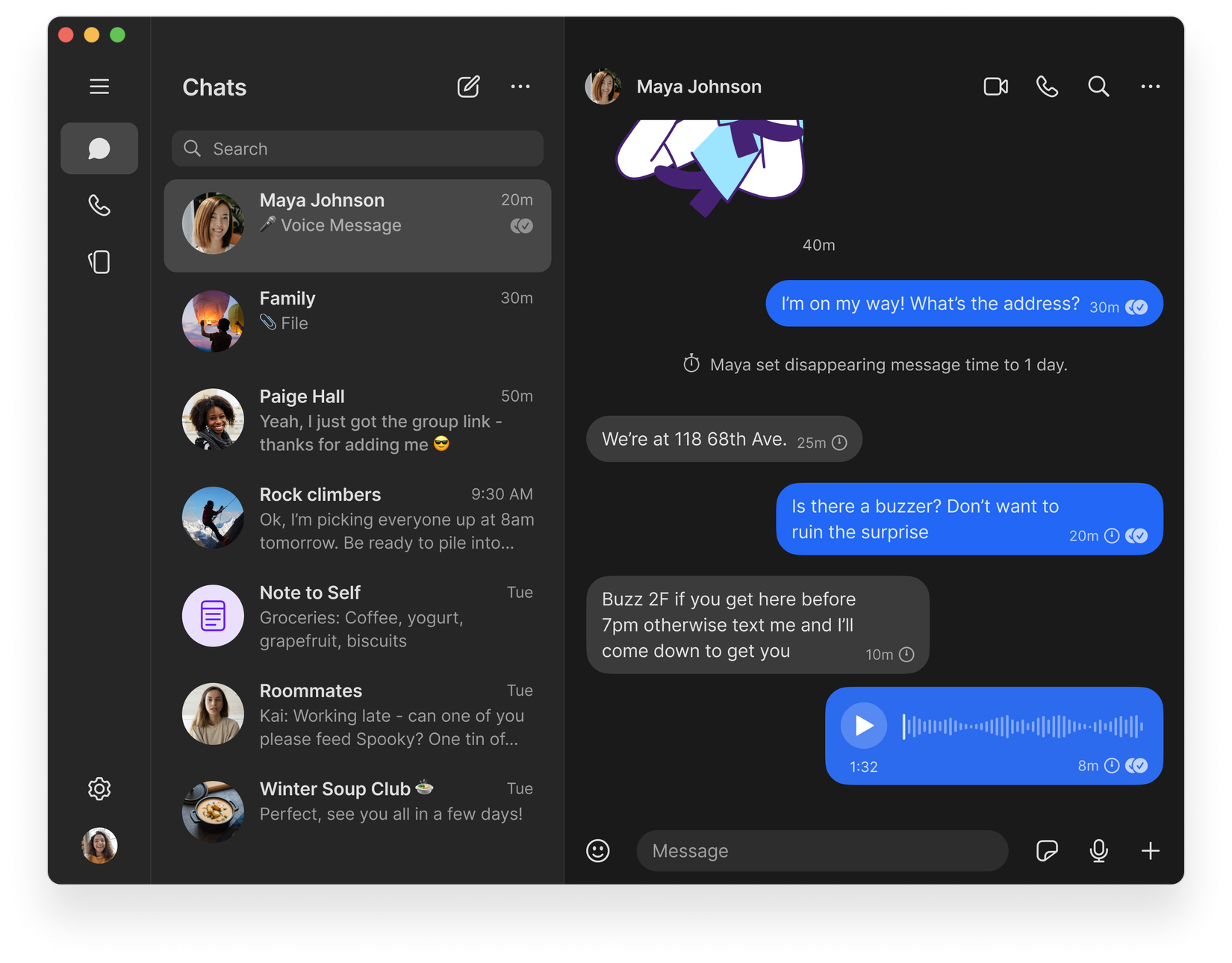 A press photo of the Signal chat, the app is being displayed on a large tablet.