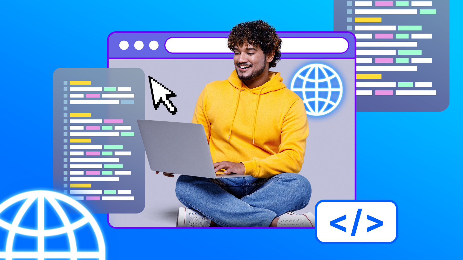 Smiling man sitting cross-legged with a laptop, surrounded by code snippets, web browser graphics, and internet icons on a bright blue background.