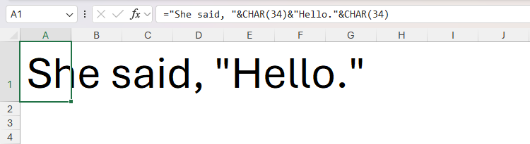 Some text in a Microsoft Excel cell with double quotes displayed as textual values.