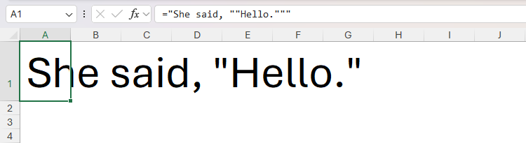 Some text in an Excel cell with double quotes displayed as textual characters.