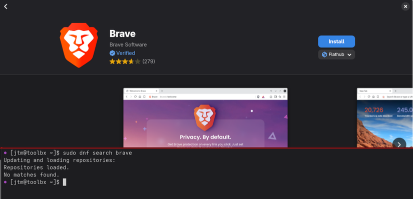 Splitscreen shot showing brave available from flathub but not found in Fedora repositories.