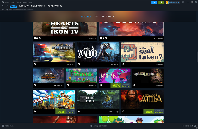 Página a vapor mostrando jogos com suporte ao Linux nativo.
