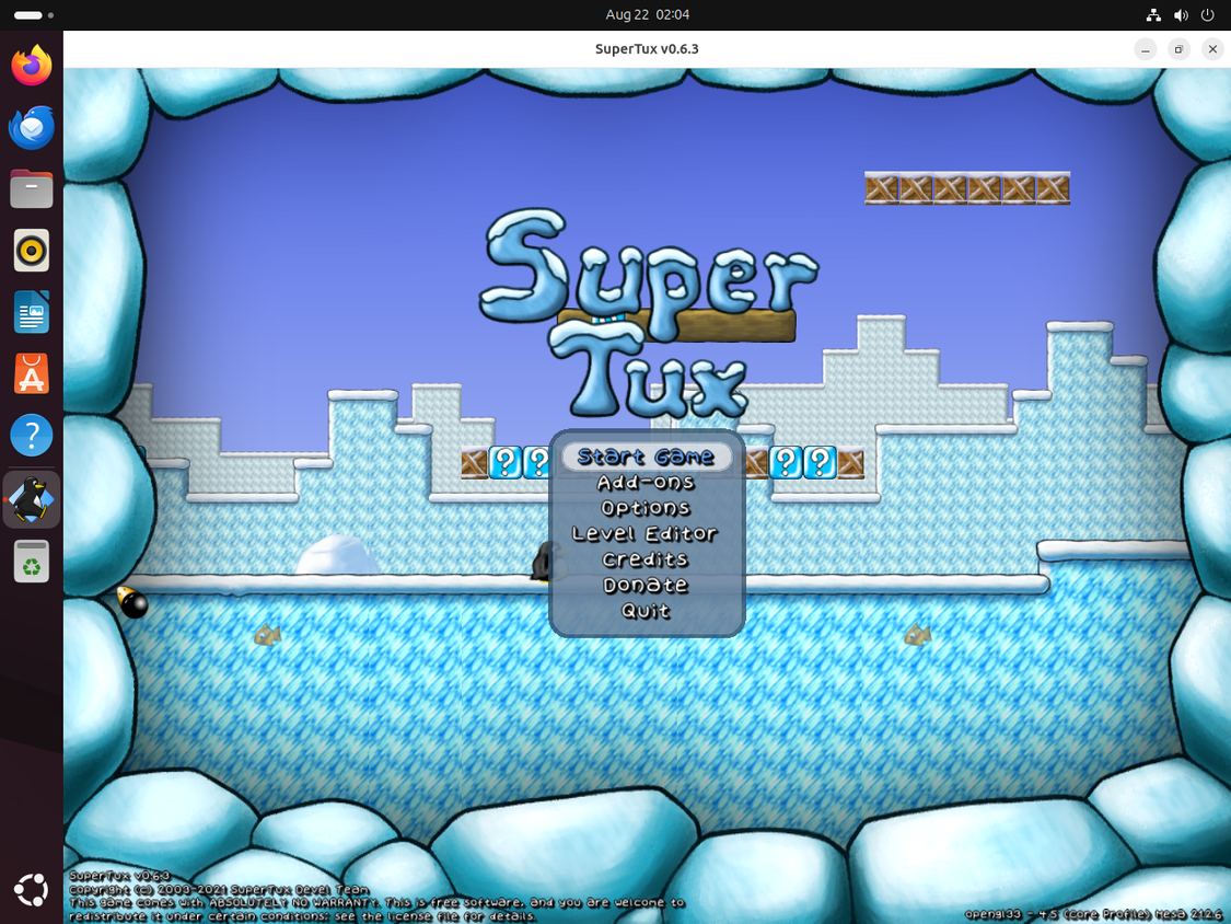 SuperTux game start screen.