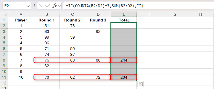 The IF function in Excel only returns a total when all three references cells contain values.