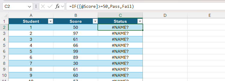 The NAME error is showing in a table column in Excel because textual return values in the IF function are not embedded in double quotes.