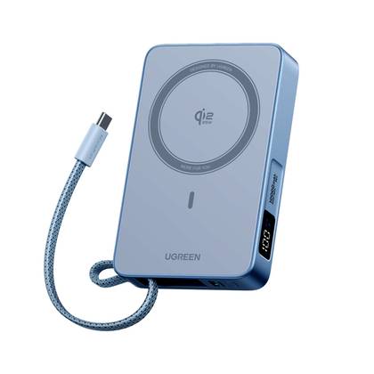 Ugreen MagFlow 10000mAh 25W Magnetic Power Bank on white background with cord shown