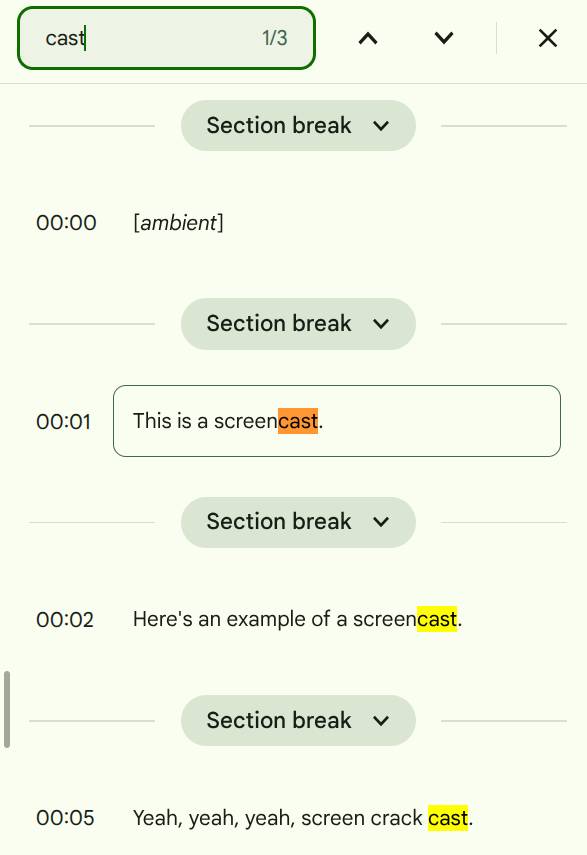 Searching for a term in the transcript of a recording through the Screencast app on a Chromebook.