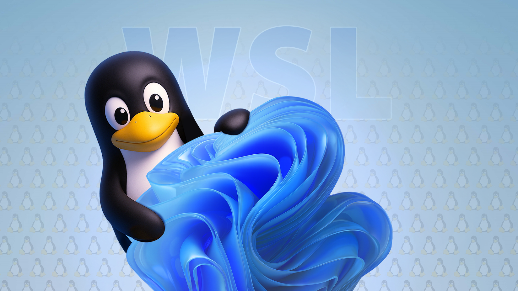 Tux, o mascote do Linux, segurando o logotipo do Windows 11 com o texto ‘WSL’ no fundo.