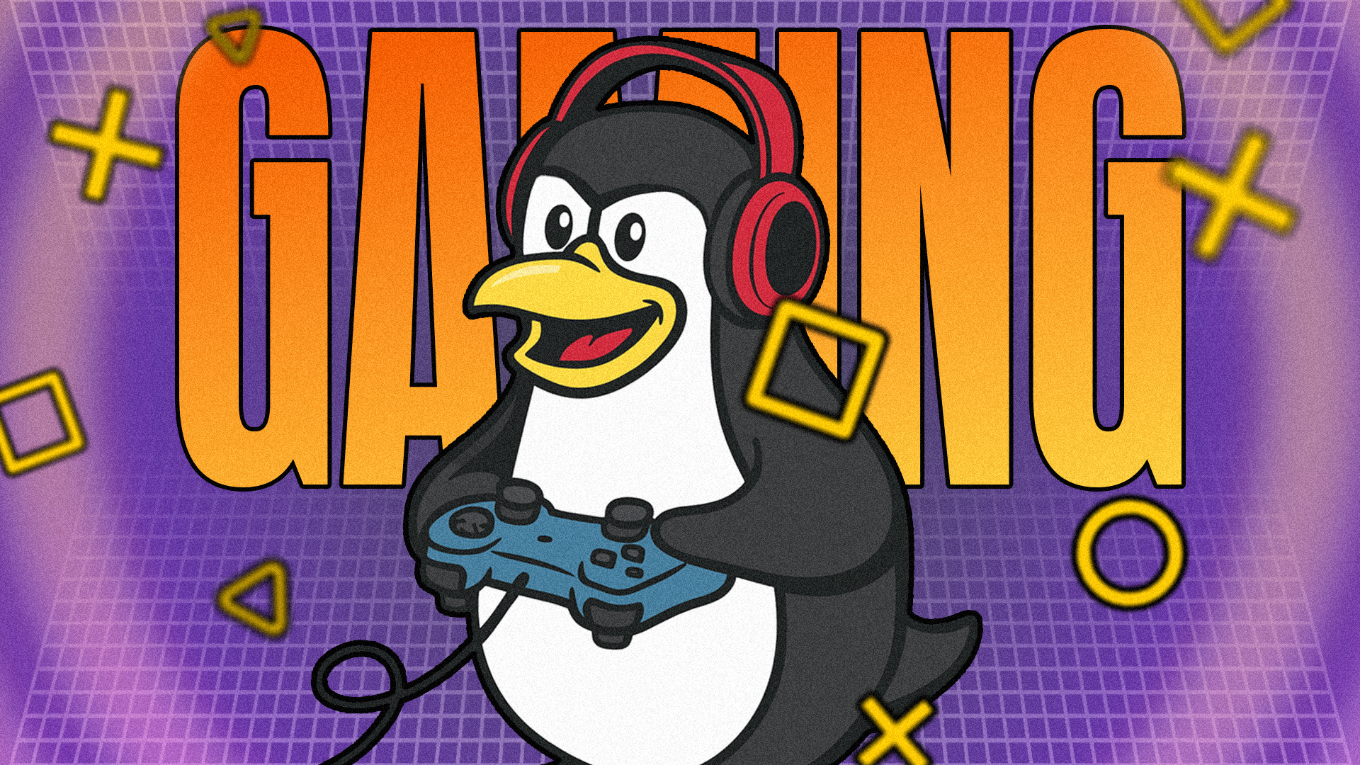 Tux, the Linux mascot, wearing headphones and holding a game controller, in front of the word 'GAMING' on a purple background.