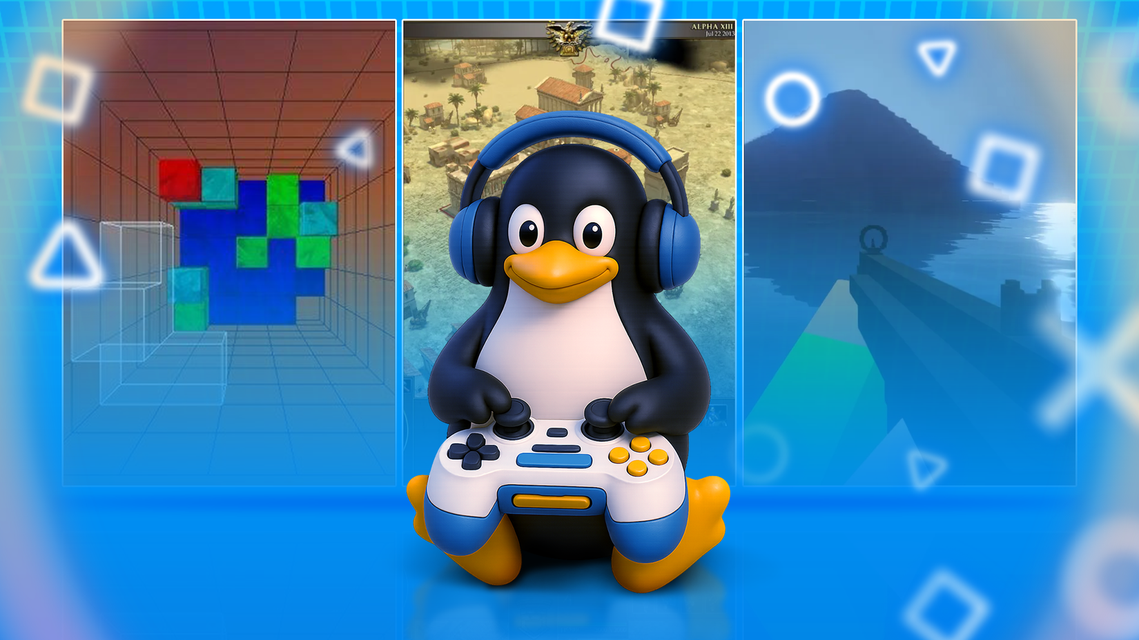 Tux the Linux mascot wearing headphones and holding a game controller, sitting in front of three game screens.