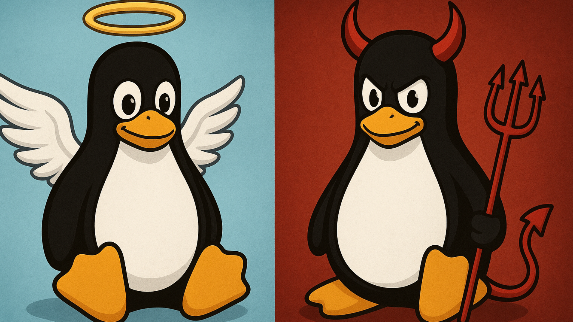 Tux the penguin as both an angel and a devil.