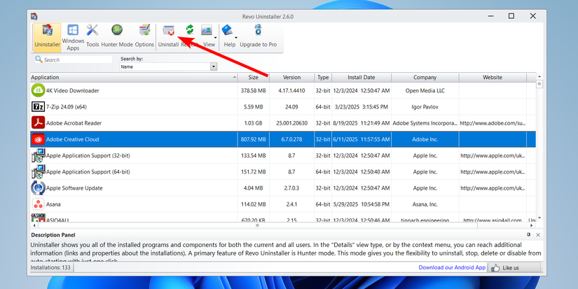 Desinstalando um aplicativo no Revo Uninstaller no Windows.