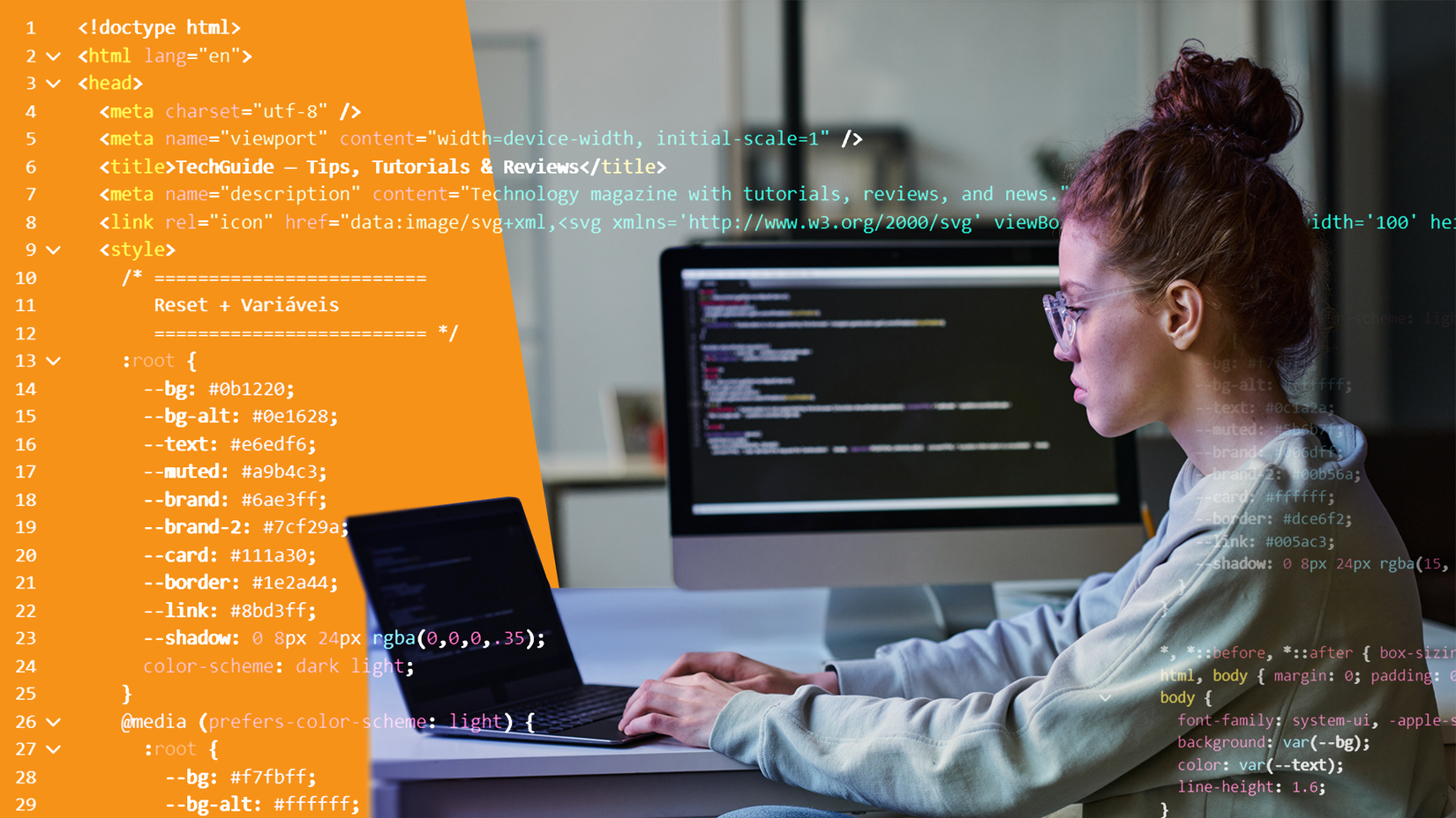Woman coding on a laptop, with an HTML and CSS code panel on the right and translucent code overlaid.