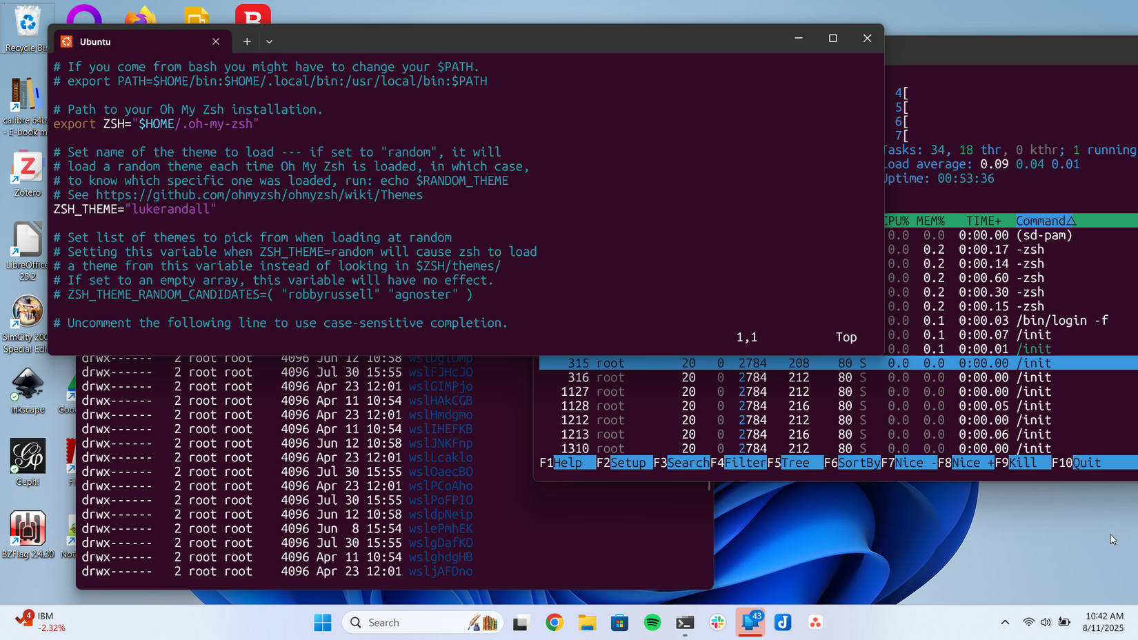 WSL Vim, directory, and htop running in separate terminal windows on Windows 11.