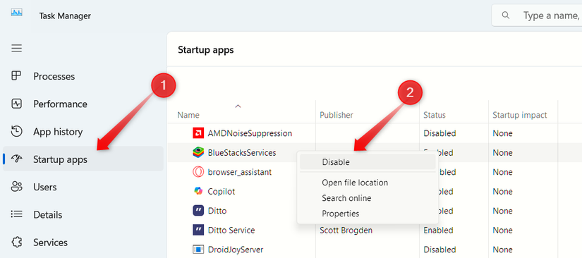 Disabling a startup app in Task Manager.