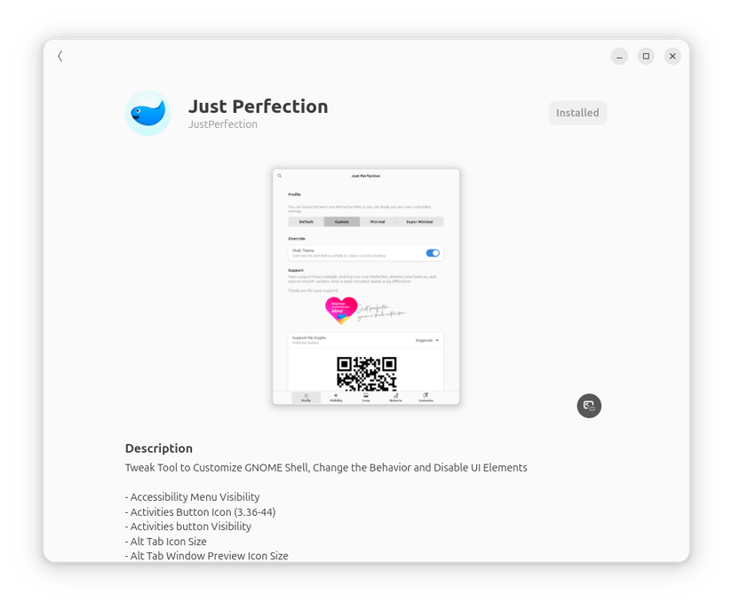 Just Perfection GNOME Extension install page.