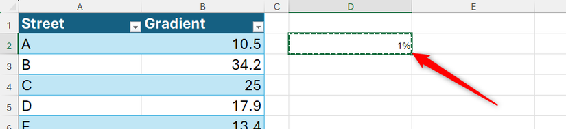 1 % é digitado em uma célula no Excel e copiado.
