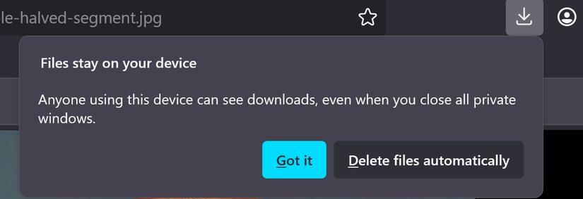 Alerta do Firefox dizendo 'Qualquer pessoa que use este dispositivo pode ver downloads, mesmo quando você fecha todas as janelas privadas.'