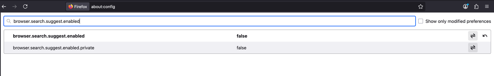 Disabling the search suggestions on the Config page in Firefox.