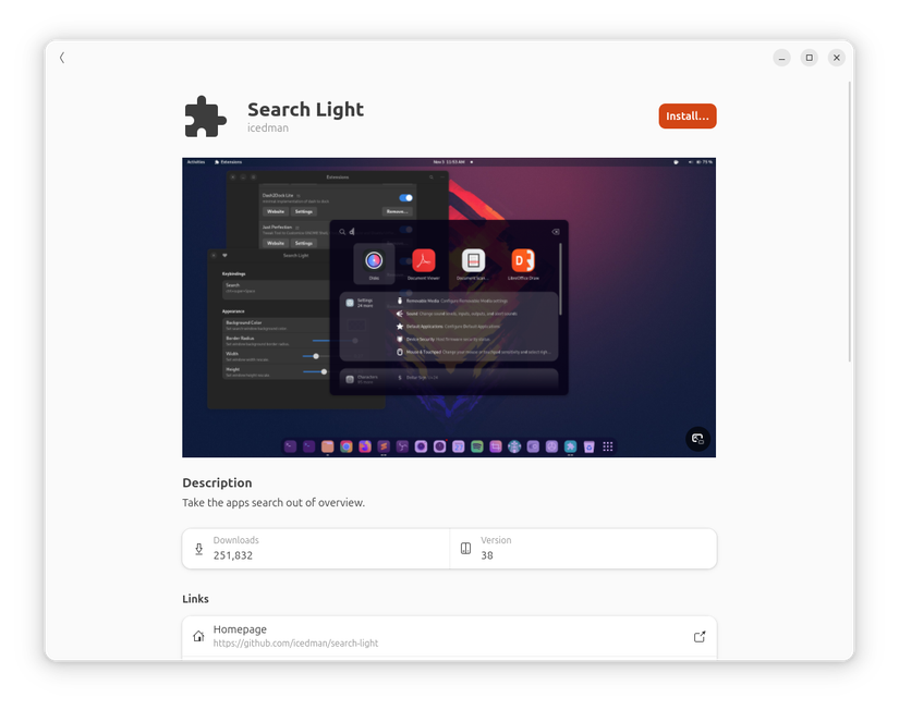 Search Light GNOME Extension install page.