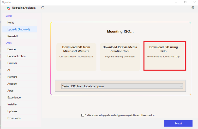 A screenshot of the Flyoobe installation process where you choose the ISO you want to mount and install, Download using Fido is highlighted in red.